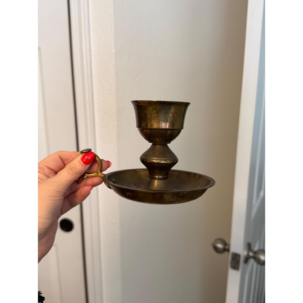 Vintage Brass Tone Chamberstick Candle Holder with Handle, Taper Candlestick, Pa